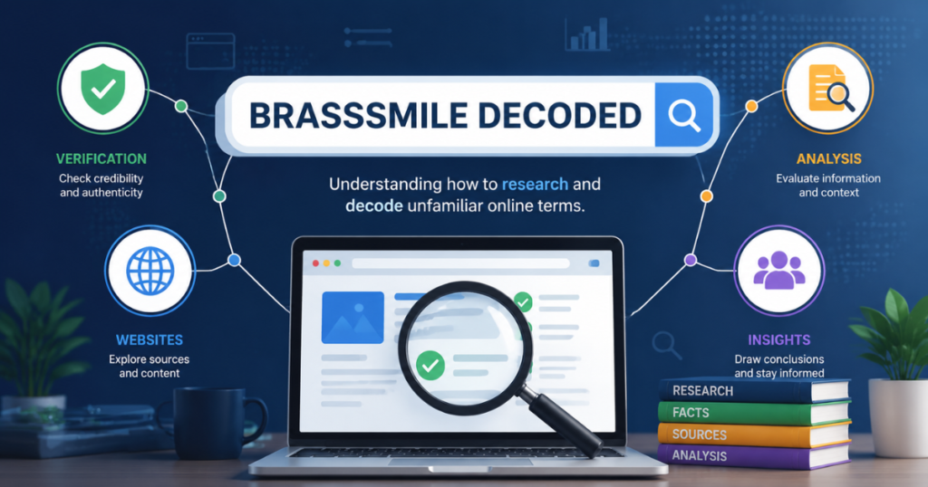 Modern digital research illustration showing a search bar with “Brasssmile Decoded,” connected icons for website verification, information analysis, online research, and digital insights.