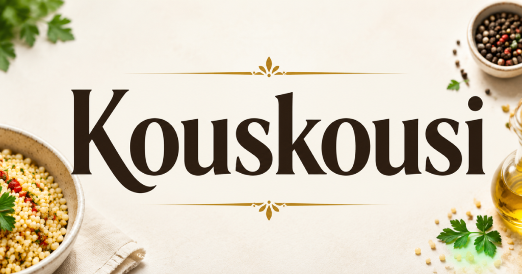 **Alt Text:** Kouskousi dish with Mediterranean ingredients, semolina pasta, vegetables, herbs, and olive oil arranged around a food-themed banner design.