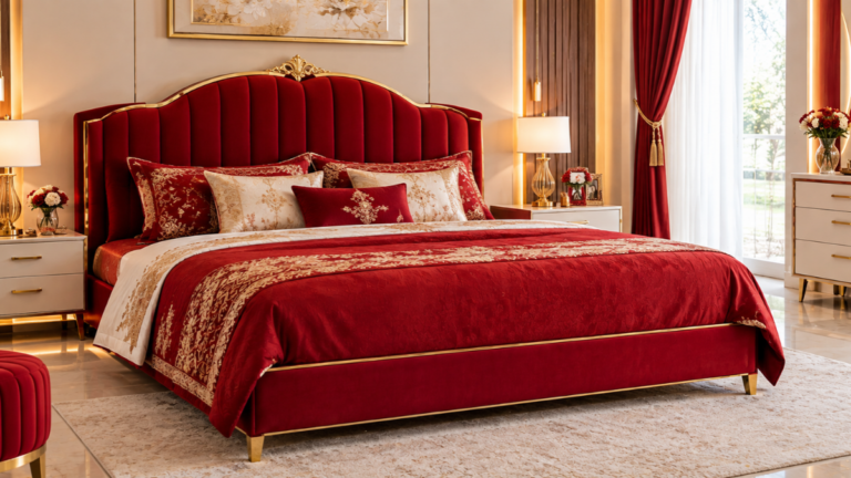 Discover a stunning red wedding bed with elegant gold details, luxurious bedding, and beautiful bridal bedroom décor for a romantic and stylish wedding room.