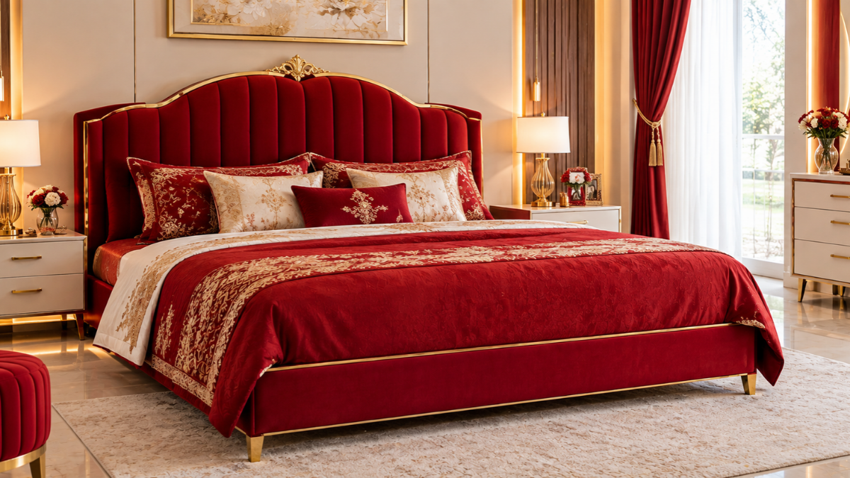 Discover a stunning red wedding bed with elegant gold details, luxurious bedding, and beautiful bridal bedroom décor for a romantic and stylish wedding room.
