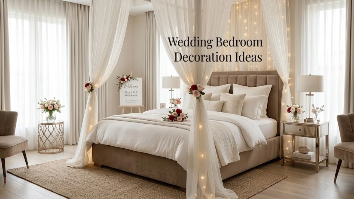 Elegant wedding bedroom with decorated bridal bed, flowers, soft lighting, and romantic white and red decor.