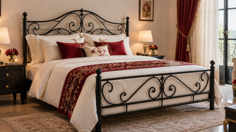 Black iron bridal bed with elegant white bedding in a romantic wedding bedroom