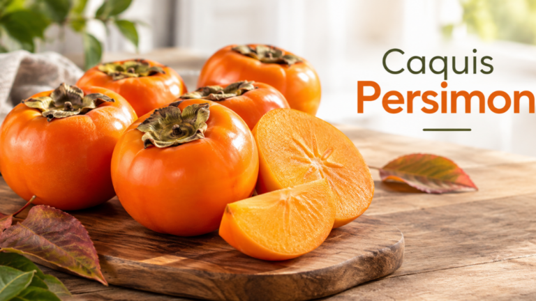 Caquis Persimon fresh orange kaki fruit with one sliced open on a kitchen table