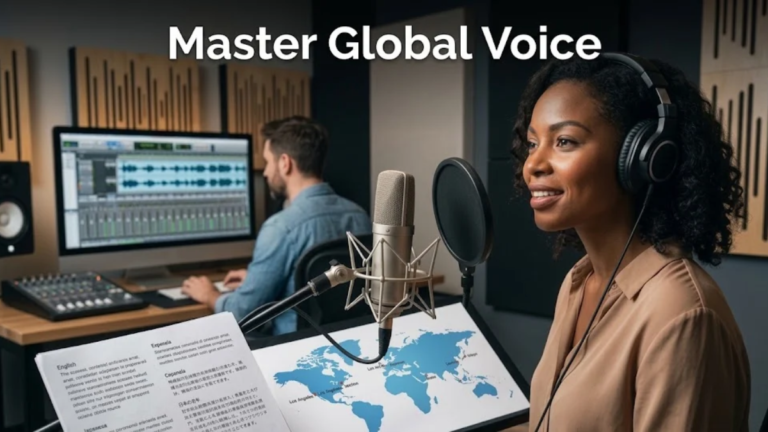 Professional voice actor recording a multilingual global voiceover in a studio