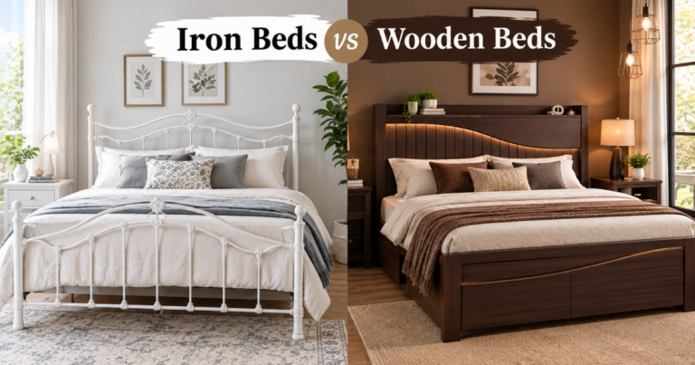 Modern white iron bed with decorative metal detailing beside a dark chocolate wooden bed with a sleek contemporary design in two stylish bedrooms.