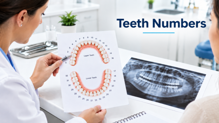Dental chart showing teeth numbers and adult tooth positions