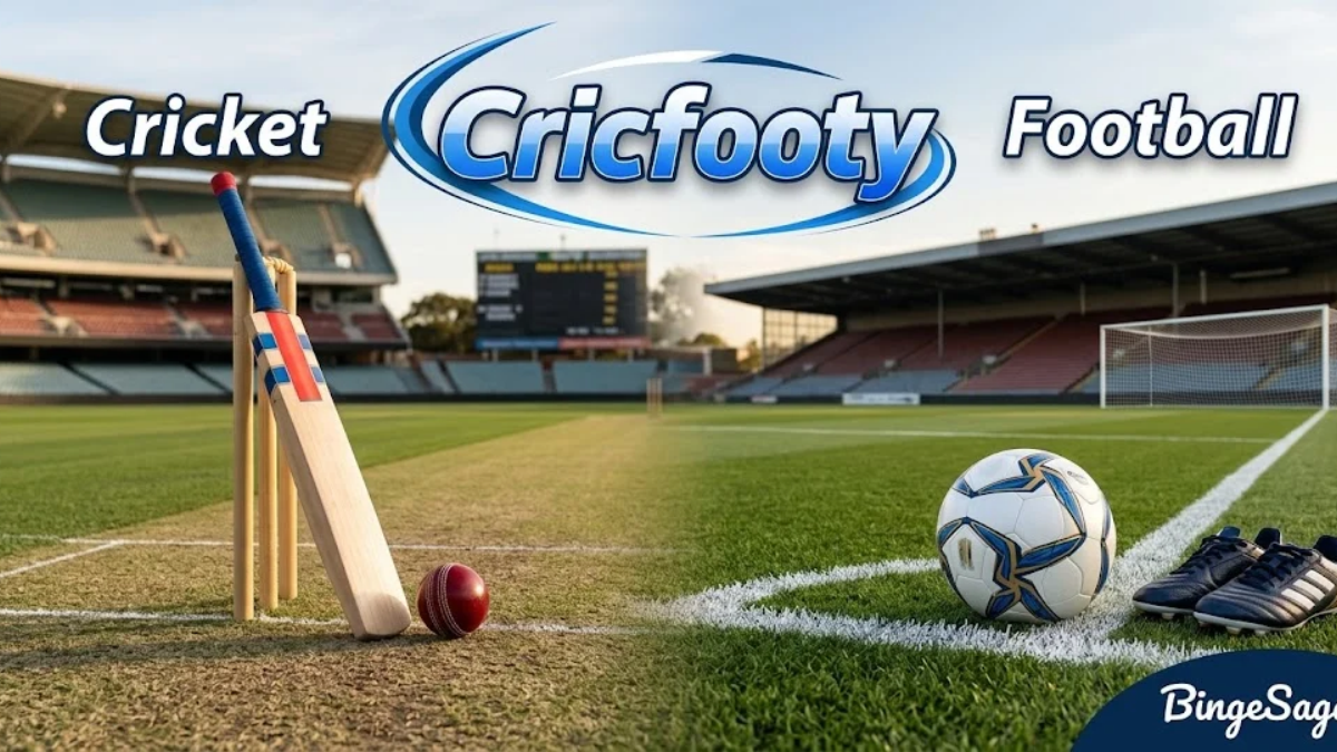 Cricfooty cricket and football sports concept with a cricket bat and football on a sports field.