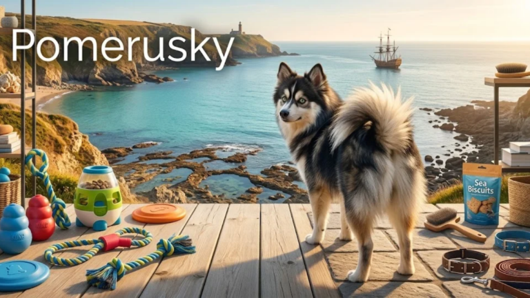 Pomerusky Pomeranian Husky mix dog standing indoors.