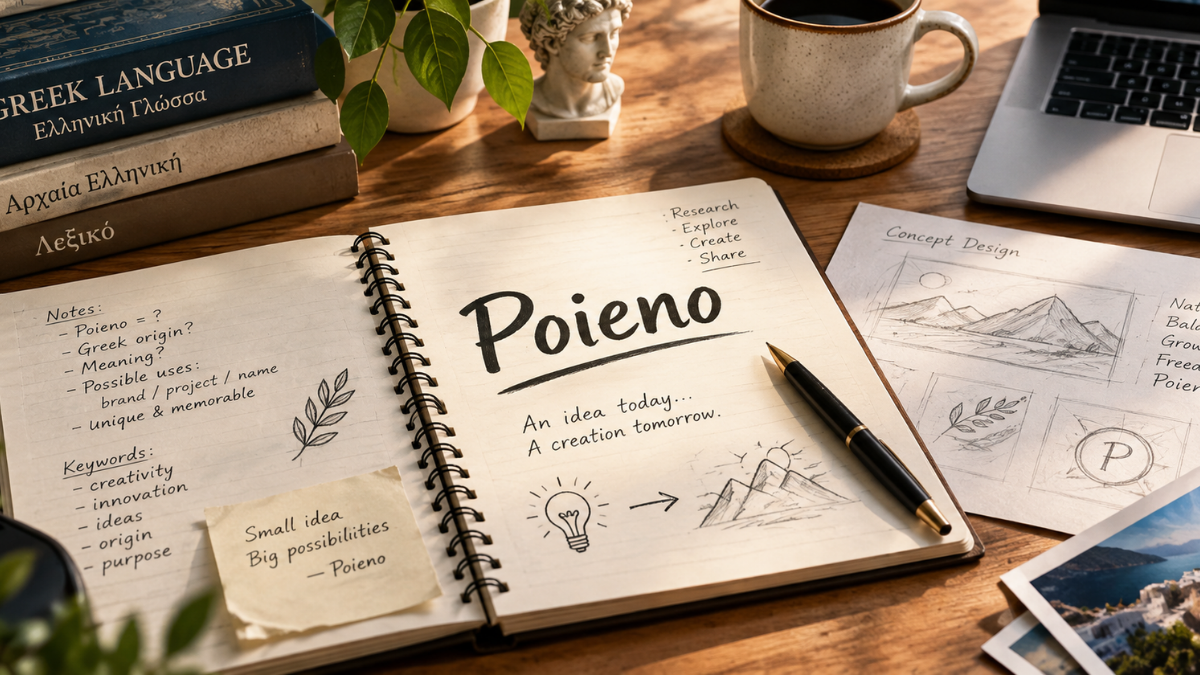Realistic editorial workspace featuring the word “Poieno” in a notebook, Greek-language research notes, and a creative project in progress on a clean desk.