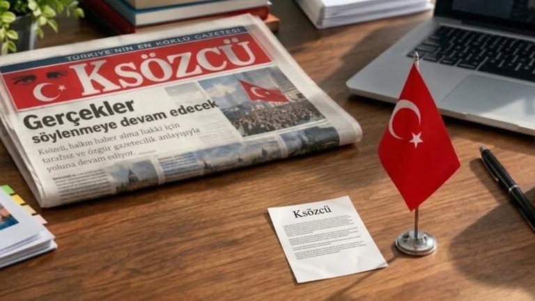 Realistic editorial desk showing Ksözcü and Sözcü side by side in a Turkish language and news media comparison.