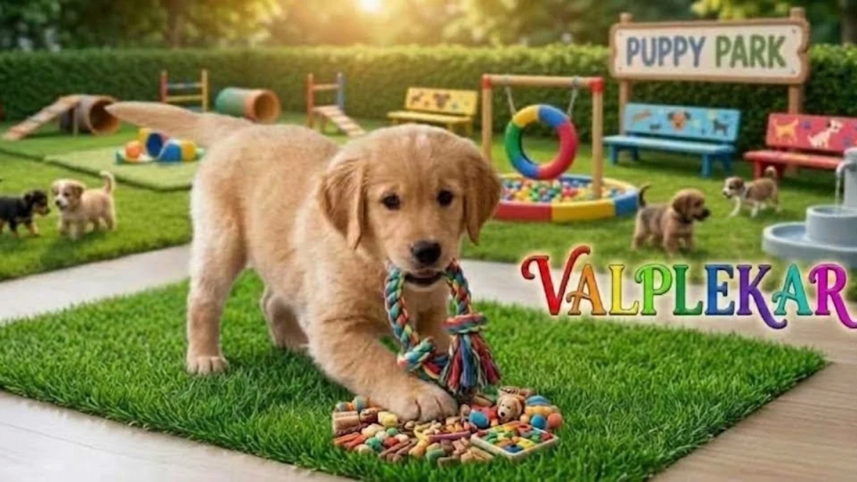 Fluffy puppy playing with a toy beside a notebook labeled Valplekar