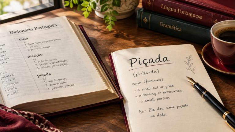 Piçada meaning in Portuguese illustrated by a language notebook comparing Piçada and Picada beside an open dictionary.