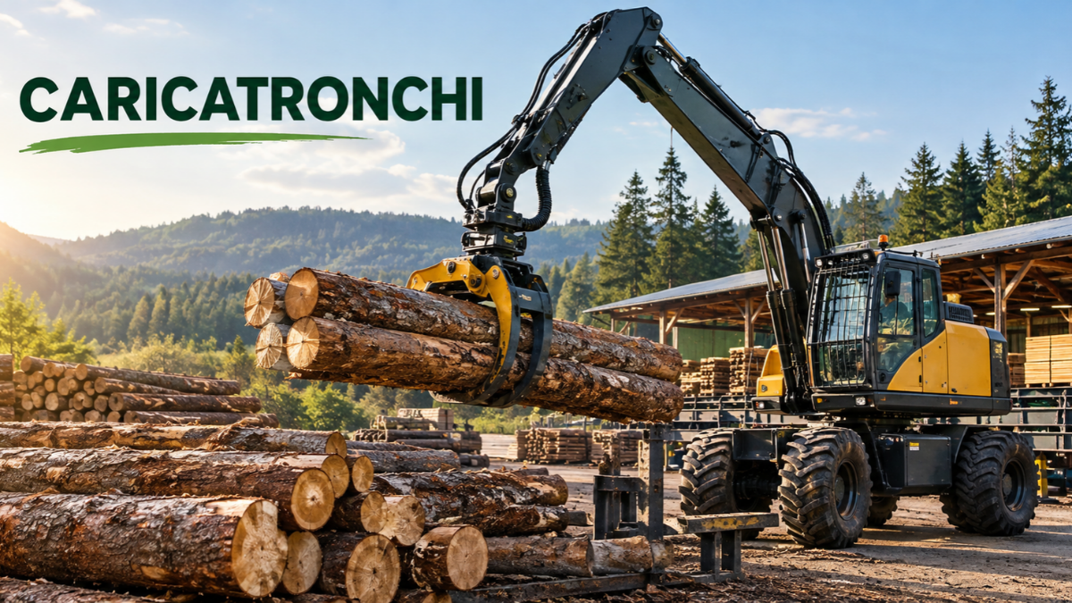 Caricatronchi meaning illustrated through forestry log-loading equipment, hydraulic arms, and stacked timber.