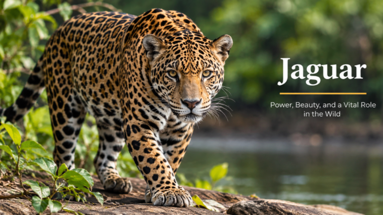 Realistic jaguar walking along a rainforest riverbank with lush green foliage and the title “Jaguar” on the right.