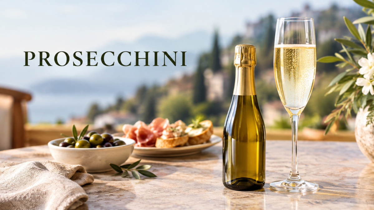 Prosecchini sparkling wine bottle and flute glass on an elegant Mediterranean table.