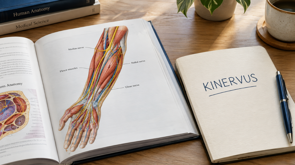 Notebook labeled Kinervus beside an anatomy reference book illustrating nerves and muscles.
